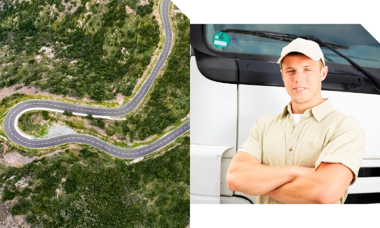 Carretera de montaña y conductor de Kbina junto a su vehículo